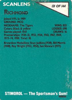 1988 Scanlens VFL #131 Richmond Tigers Back